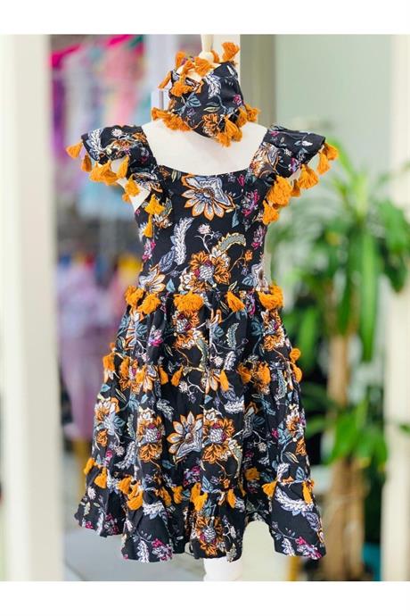 Kız Çocuk Siyah Püsküllü Pamuk Viskon Elbise SİYAH 8 Yaş