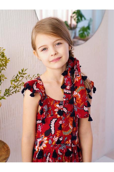 Kız Çocuk Siyah Püsküllü Pamuk Viskon Elbise KIRMIZI 10 Yaş