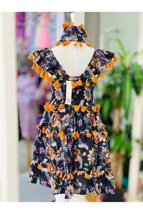 Kız Çocuk Siyah Püsküllü Pamuk Viskon Elbise SİYAH 4 Yaş