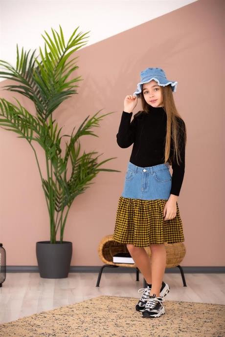 Kız Çocuk Siyah Triko Kazak Pötikare Parçalı Kot Etek Şapka 3'lü Takım SARI 6 Yaş