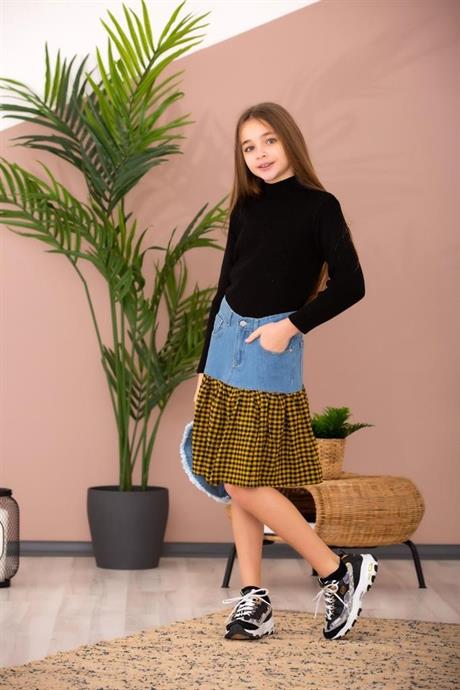 Kız Çocuk Siyah Triko Kazak Pötikare Parçalı Kot Etek Şapka 3'lü Takım SARI 4 Yaş