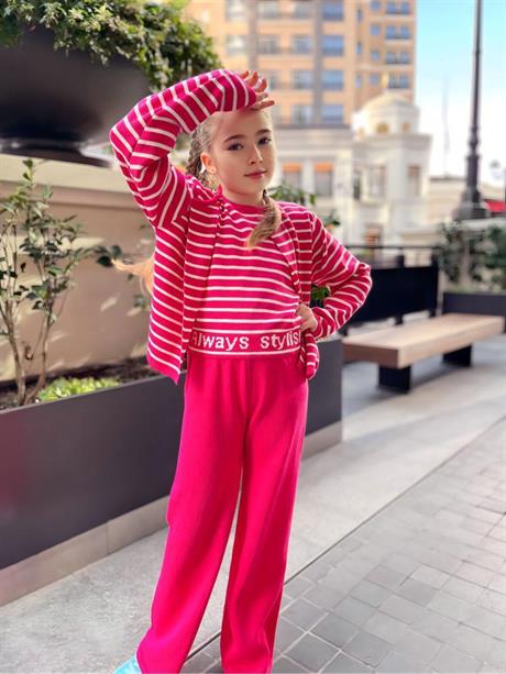 Kız Çocuk Slogan Baskılı Triko Bluz Hırka Pantolon 3'lü Takım Pembe 6 Yaş