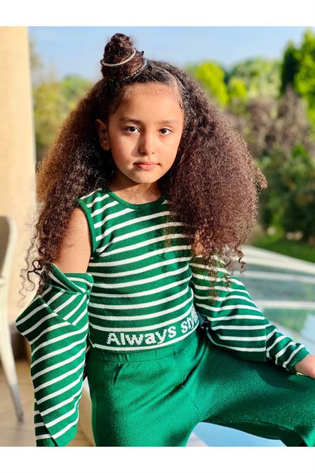 Kız Çocuk Slogan Baskılı Triko Bluz Hırka Pantolon 3'lü Takım Yeşil 8 Yaş