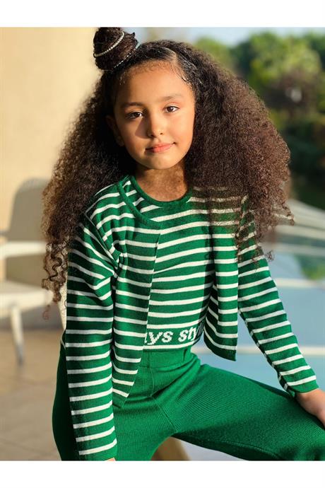 Kız Çocuk Slogan Baskılı Triko Bluz Hırka Pantolon 3'lü Takım Yeşil 4 Yaş