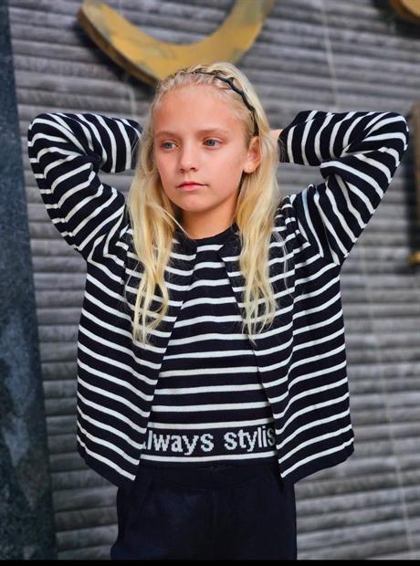 Kız Çocuk Slogan Baskılı Triko Bluz Hırka Pantolon 3'lü Takım Lacivert 4 Yaş