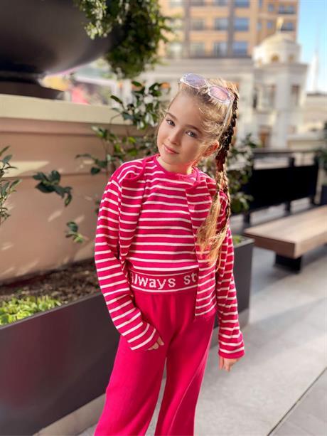 Kız Çocuk Slogan Baskılı Triko Bluz Hırka Pantolon 3'lü Takım Pembe 12 Yaş