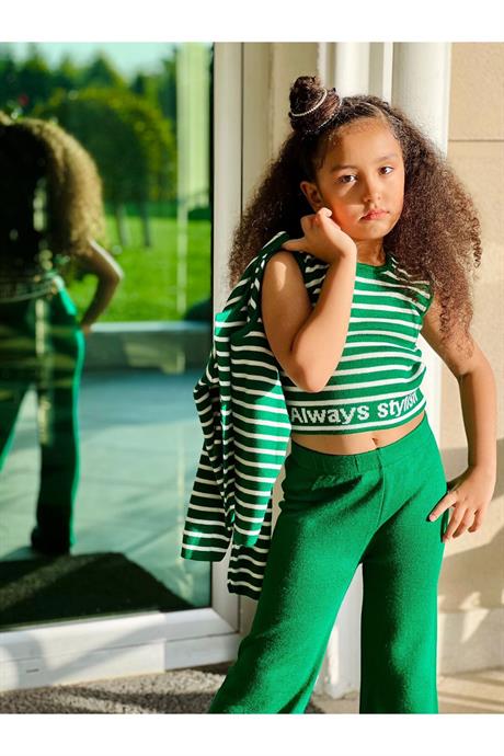 Kız Çocuk Slogan Baskılı Triko Bluz Hırka Pantolon 3'lü Takım Yeşil 6 Yaş