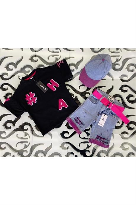 Kız Çocuk Süzene Nakışlı Tişört Yırtık Detaylı Renkli Kemerli Kot Şort Şapka 4'lü Takım Pembe 6 Yaş