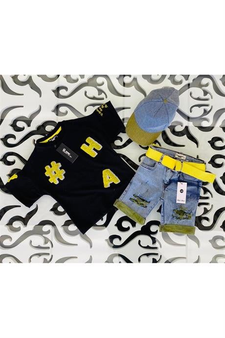 Kız Çocuk Süzene Nakışlı Tişört Yırtık Detaylı Renkli Kemerli Kot Şort Şapka 4'lü Takım Sarı 10 Yaş