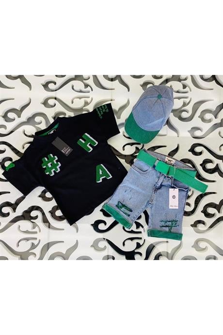 Kız Çocuk Süzene Nakışlı Tişört Yırtık Detaylı Renkli Kemerli Kot Şort Şapka 4'lü Takım Yeşil 10 Yaş