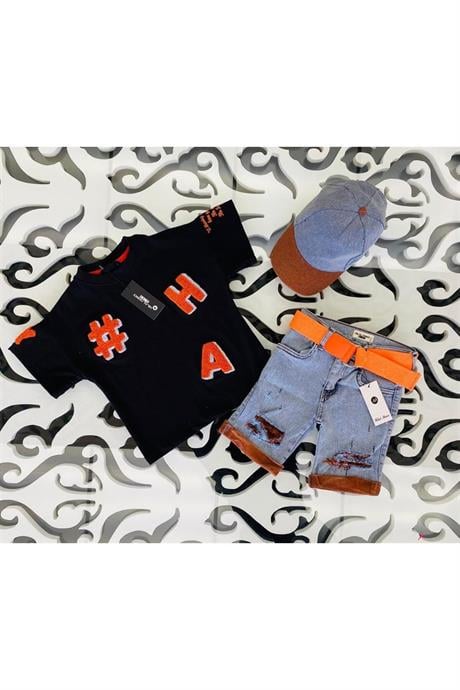 Kız Çocuk Süzene Nakışlı Tişört Yırtık Detaylı Renkli Kemerli Kot Şort Şapka 4'lü Takım Turuncu 14 Yaş