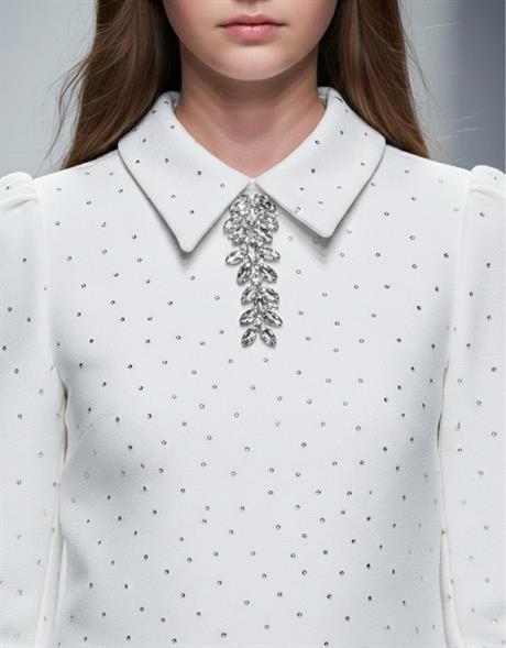 Kız Çocuk Taş Broş Detaylı Fakir Kollu Elbise Beyaz 11 Yaş