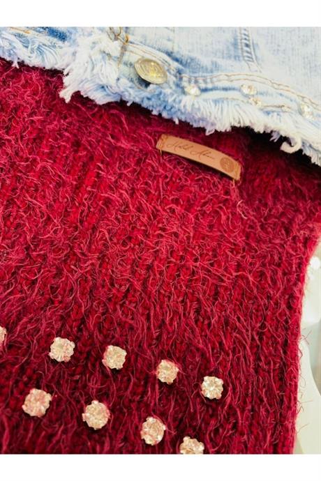 Kız Çocuk Taş Detaylı Gri Triko Elbise Kot Ceketli 2'li Takım BORDO 4 Yaş