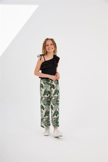 Kız Çocuk Tek Omuz Siyah Bluz Desenli Pantolon 2'li Takım Yeşil 6 Yaş