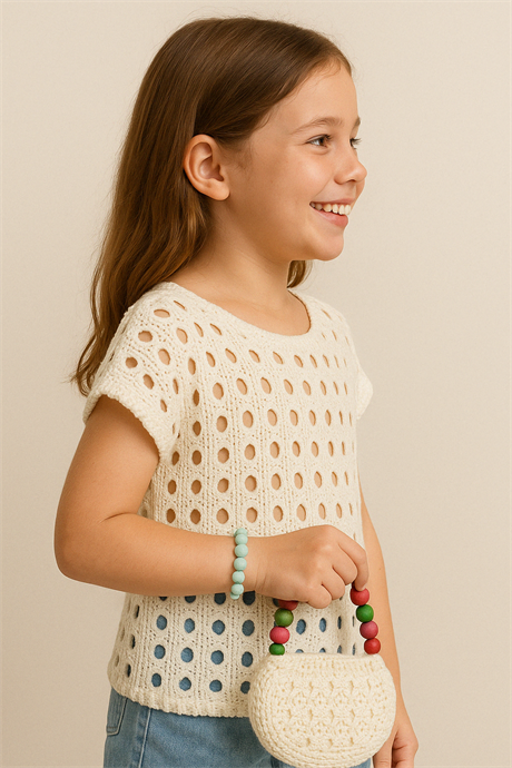 Kız Çocuk Triko Bluz ve Çanta Beyaz 4 Yaş