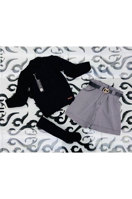 Kız Çocuk Triko Kazak Kazayağı Model Şort Kemer Siyah Çorap 4'lü Takım Siyah 4 Yaş