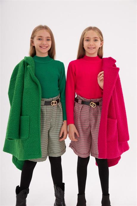 Kız Çocuk Triko Kazak Kazayağı Model Şort Kemer Siyah Çorap 4'lü Takım Yeşil 10 Yaş