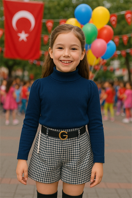 Kız Çocuk Triko Kazak Kazayağı Model Şort Kemer Siyah Çorap 4'lü Takım Lacivert 8 Yaş