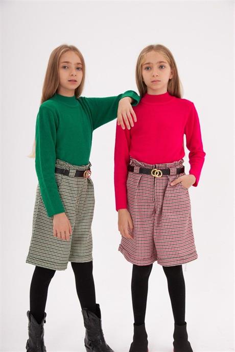 Kız Çocuk Triko Kazak Kazayağı Model Şort Kemer Siyah Çorap 4'lü Takım Yeşil 12 Yaş