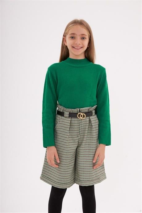 Kız Çocuk Triko Kazak Kazayağı Model Şort Kemer Siyah Çorap 4'lü Takım Yeşil 10 Yaş