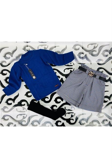 Kız Çocuk Triko Kazak Kazayağı Model Şort Kemer Siyah Çorap 4'lü Takım Lacivert 6 Yaş