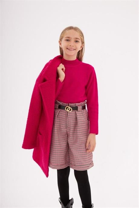 Kız Çocuk Triko Kazak Kazayağı Model Şort Kemer Siyah Çorap 4'lü Takım Fuşya 12 Yaş