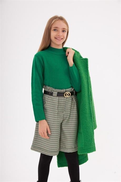 Kız Çocuk Triko Kazak Kazayağı Model Şort Kemer Siyah Çorap 4'lü Takım Yeşil 6 Yaş