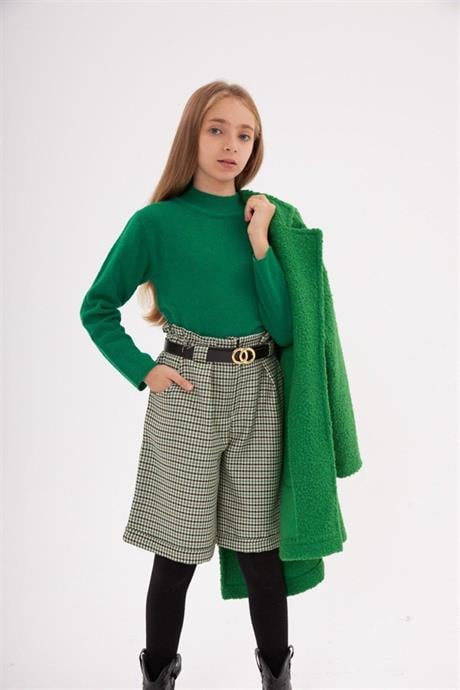 Kız Çocuk Triko Kazak Kazayağı Model Şort Kemer Siyah Çorap 4'lü Takım Yeşil 4 Yaş