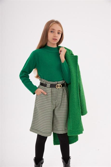 Kız Çocuk Triko Kazak Kazayağı Model Şort Kemer Siyah Çorap 4'lü Takım Yeşil 4 Yaş