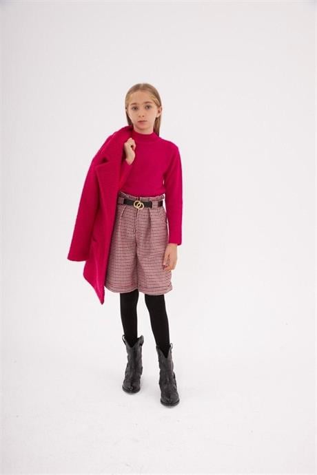 Kız Çocuk Triko Kazak Kazayağı Model Şort Kemer Siyah Çorap 4'lü Takım Fuşya 4 Yaş