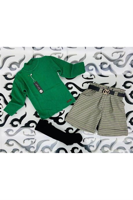 Kız Çocuk Triko Kazak Kazayağı Model Şort Kemer Siyah Çorap 4'lü Takım Yeşil 14 Yaş