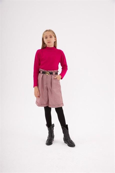 Kız Çocuk Triko Kazak Kazayağı Model Şort Kemer Siyah Çorap 4'lü Takım Fuşya 6 Yaş