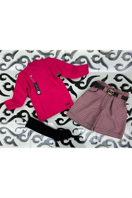 Kız Çocuk Triko Kazak Kazayağı Model Şort Kemer Siyah Çorap 4'lü Takım Fuşya 14 Yaş