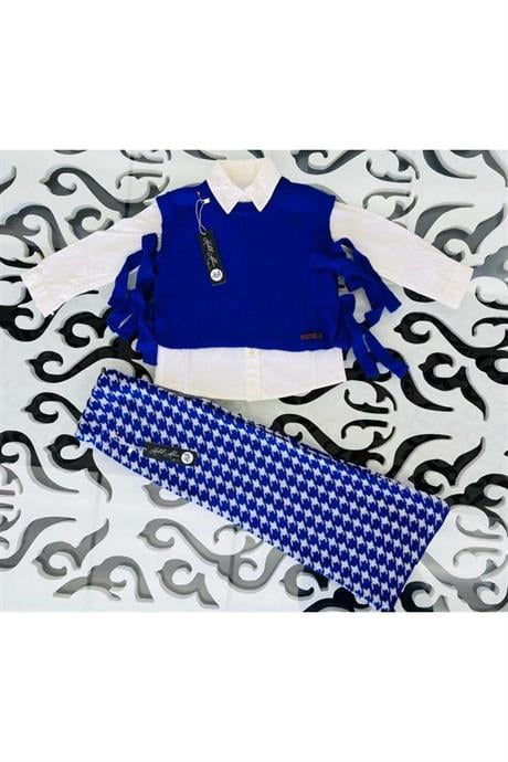 Kız Çocuk Triko Süveter Beyaz Gömlek Kazayağı Model Pantolon 3'lü Takım Saks 6 Yaş