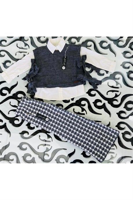 Kız Çocuk Triko Süveter Beyaz Gömlek Kazayağı Model Pantolon 3'lü Takım Gri 4 Yaş