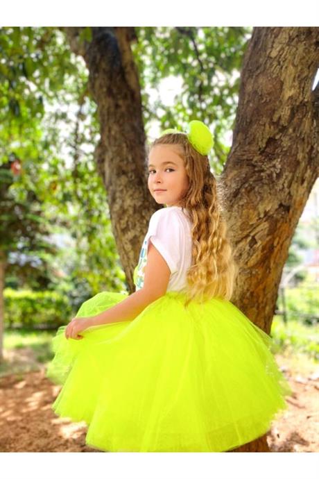 Kız Çocuk Turuncu Renkli Tütü Etek & Baskılı Pamuk Penye 2'li Takım SARI 8 Yaş