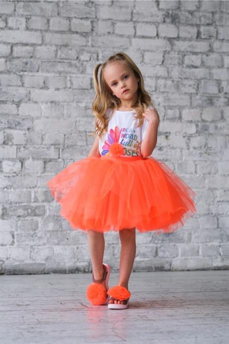 Kız Çocuk Turuncu Renkli Tütü Etek & Baskılı Pamuk Penye 2'li Takım TURUNCU 2-4 Yaş