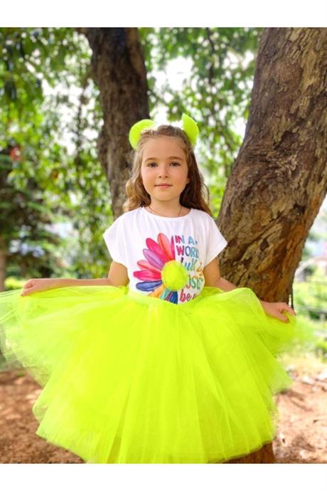 Kız Çocuk Turuncu Renkli Tütü Etek & Baskılı Pamuk Penye 2'li Takım SARI 2-4 Yaş