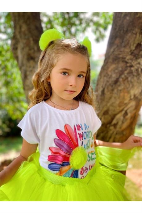 Kız Çocuk Turuncu Renkli Tütü Etek & Baskılı Pamuk Penye 2'li Takım SARI 4 Yaş