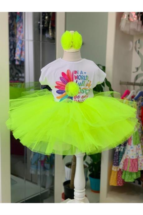 Kız Çocuk Turuncu Renkli Tütü Etek & Baskılı Pamuk Penye 2'li Takım SARI 8 Yaş