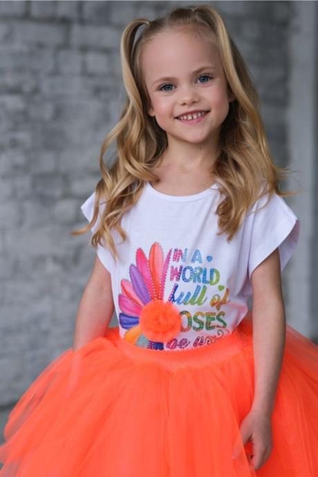 Kız Çocuk Turuncu Renkli Tütü Etek & Baskılı Pamuk Penye 2'li Takım TURUNCU 2-4 Yaş