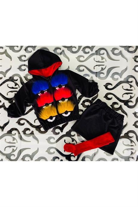 Kız Çocuk Üç Iplik Kürk Kirpik Detaylı Kapüşonlu Sweat Siyah Etek 2'li Takım KIRMIZI 6 Yaş