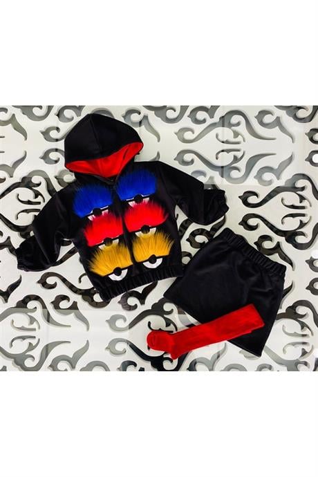 Kız Çocuk Üç Iplik Kürk Kirpik Detaylı Kapüşonlu Sweat Siyah Etek 2'li Takım KIRMIZI 6 Yaş