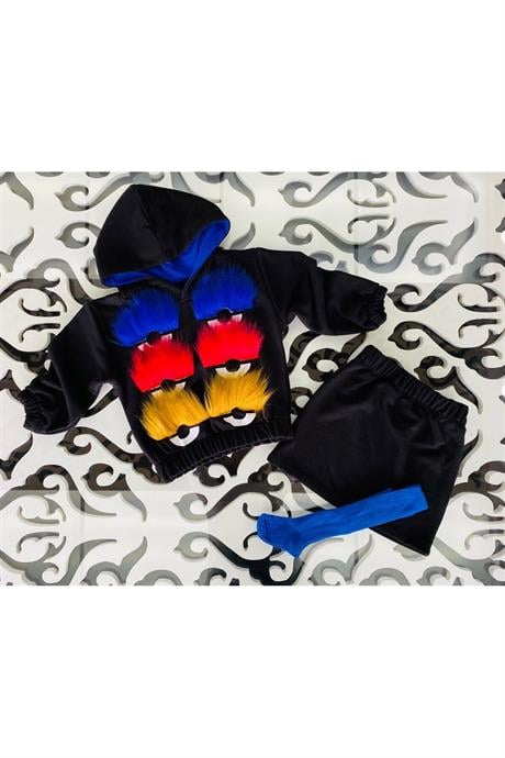Kız Çocuk Üç Iplik Kürk Kirpik Detaylı Kapüşonlu Sweat Siyah Etek 2'li Takım SAKS 4 Yaş