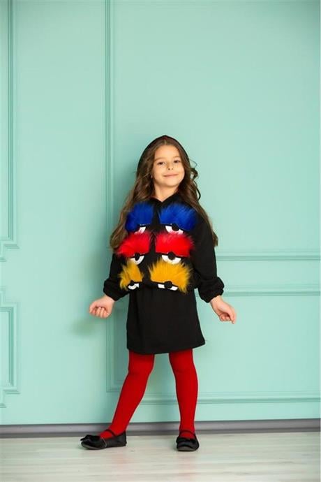 Kız Çocuk Üç Iplik Kürk Kirpik Detaylı Kapüşonlu Sweat Siyah Etek 2'li Takım KIRMIZI 10 Yaş