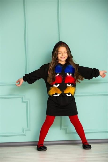 Kız Çocuk Üç Iplik Kürk Kirpik Detaylı Kapüşonlu Sweat Siyah Etek 2'li Takım KIRMIZI 6 Yaş