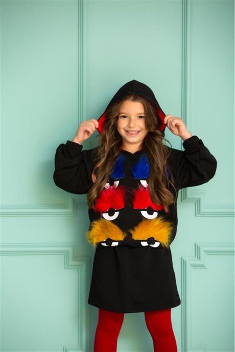 Kız Çocuk Üç Iplik Kürk Kirpik Detaylı Kapüşonlu Sweat Siyah Etek 2'li Takım KIRMIZI 4 Yaş