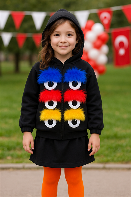 Kız Çocuk Üç Iplik Kürk Kirpik Detaylı Kapüşonlu Sweat Siyah Etek 2'li Takım HARDAL 4 Yaş