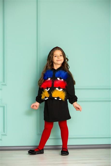 Kız Çocuk Üç Iplik Kürk Kirpik Detaylı Kapüşonlu Sweat Siyah Etek 2'li Takım KIRMIZI 4 Yaş