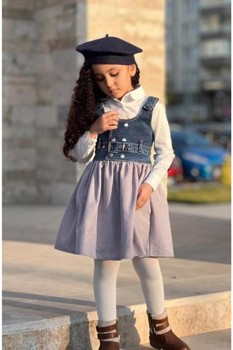 Kız Çocuk Üstü Kot Yelekli Jileli Salopet Elbise